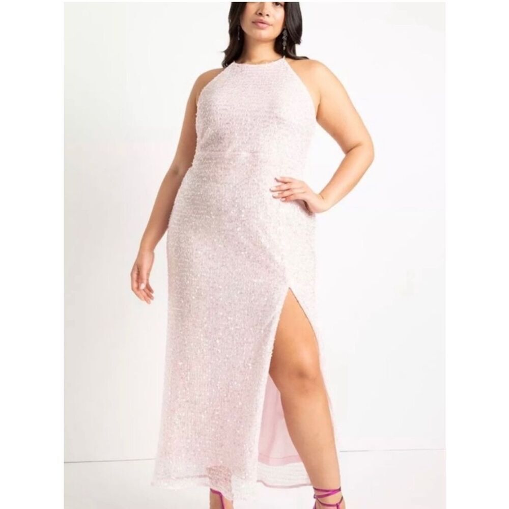 Eloquii Sequin Gown Pink  Dress Rhinestones Strap Sz 24 NWT